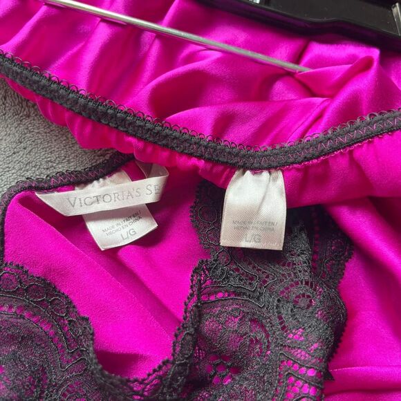 Y2K Victoria's Secret Magenta Satin Lace Trim 2-Piece Cami & Short Set Large - Picture 4 of 8